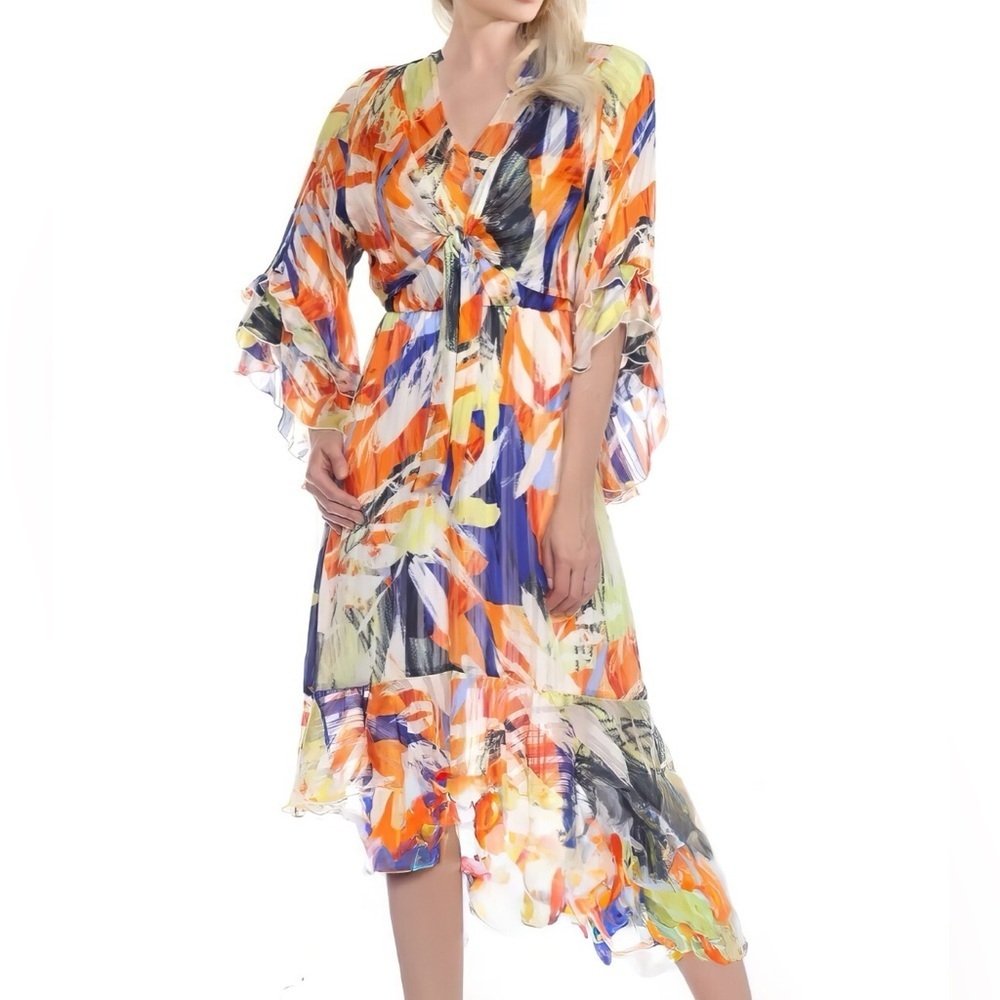 NWT Joseph Ribkoff Abstract Print Ruffled Midi Dress